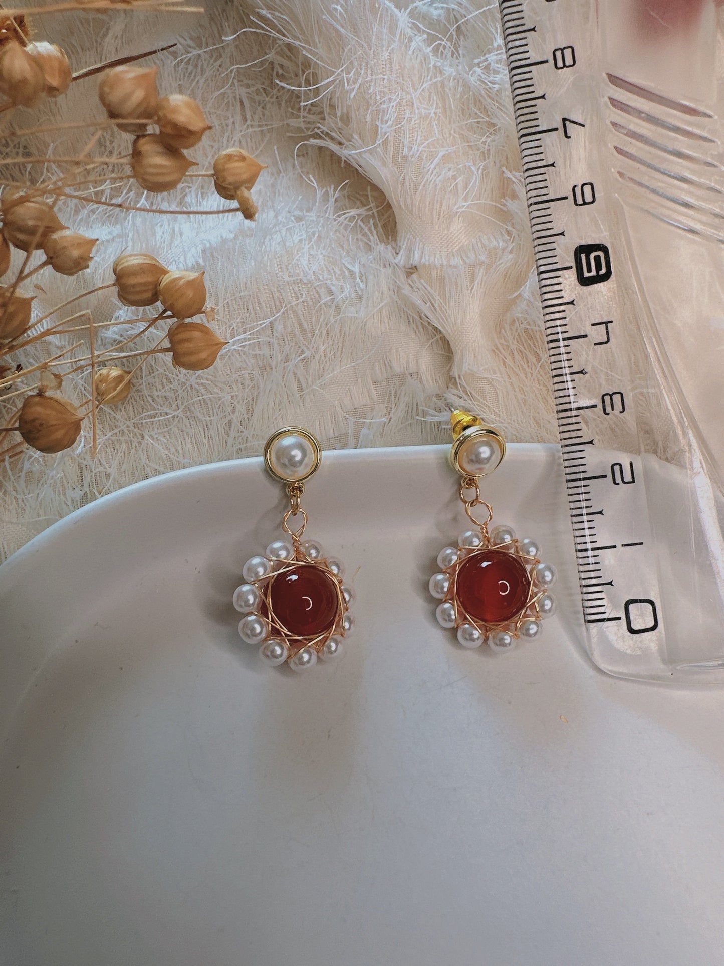 925 silver post pearl red earrings
