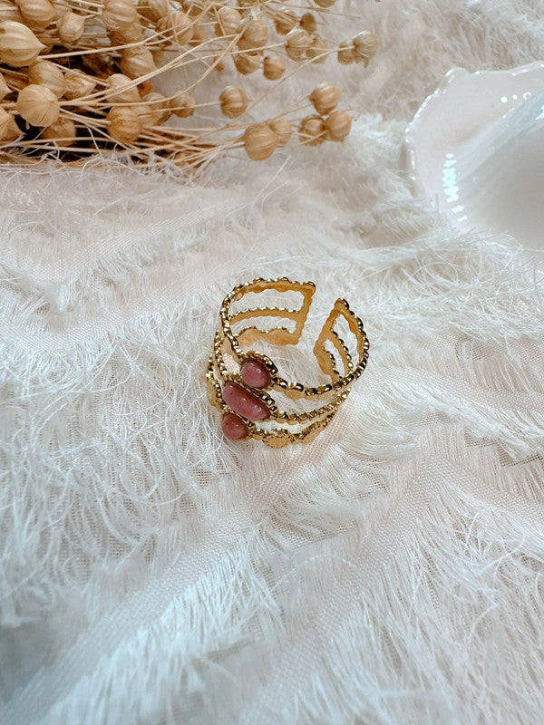 Soul Mate & Three layer pink stone stainless steel adjustable ring