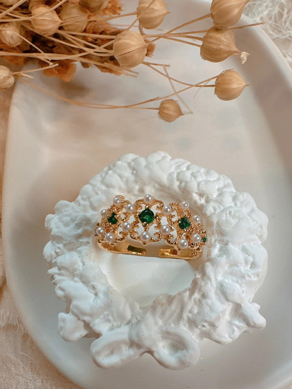 Soul Mate & Adjustable green stone pearl ring