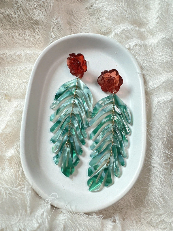 Soul Mate & 925 silver needles rose red and green earrings