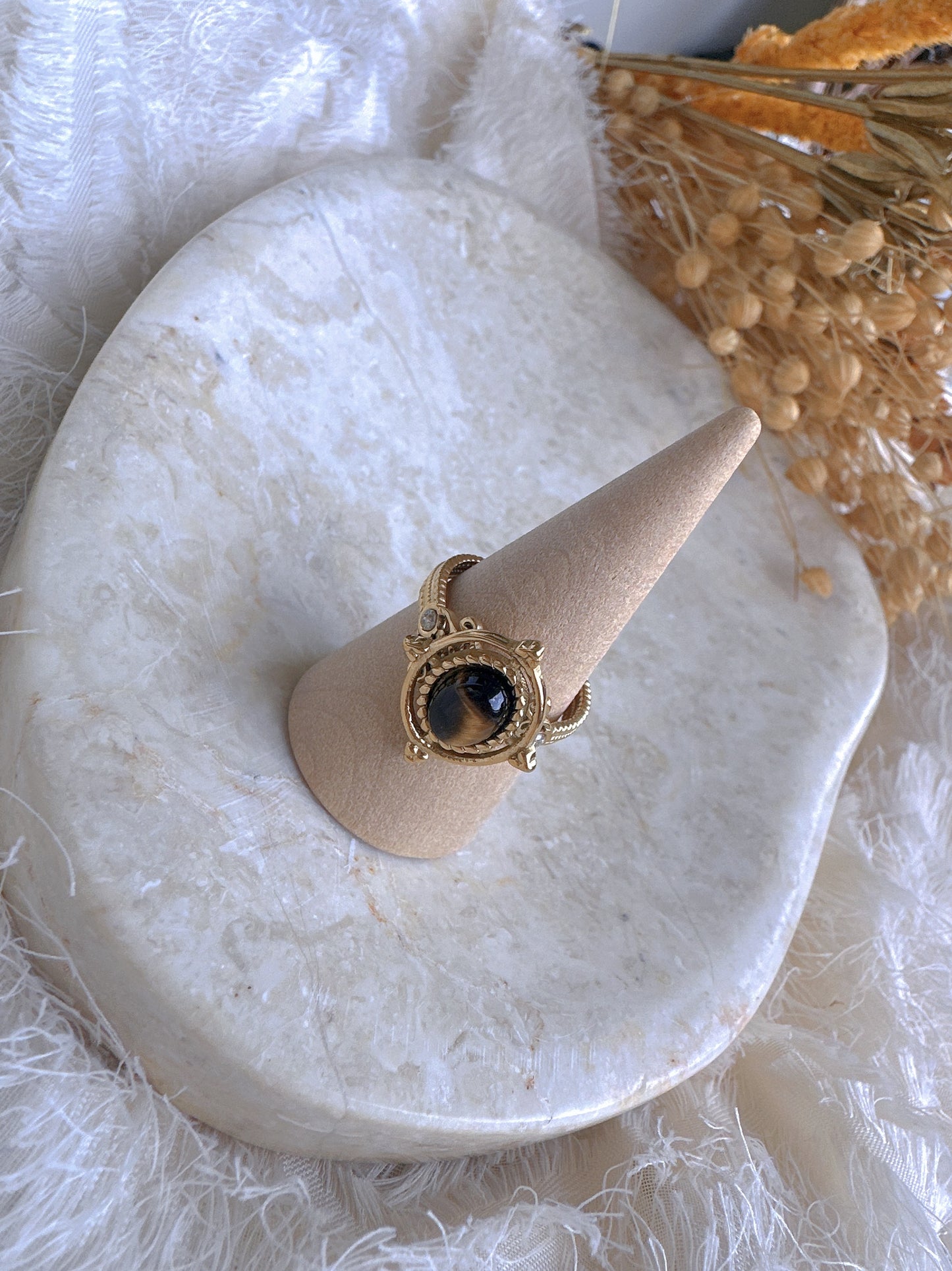 Natural brown stone stainless steel adjustable ring