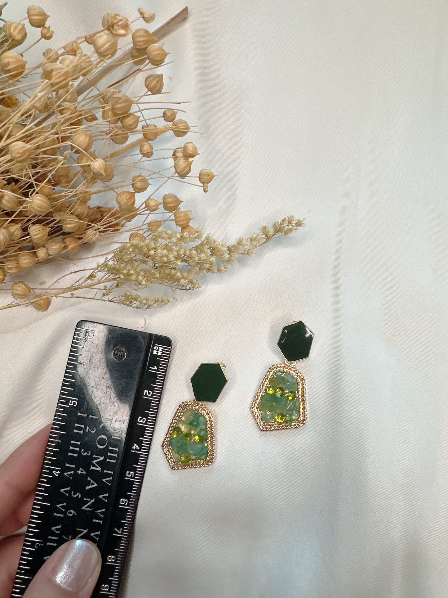 925 silver post green glass earrings