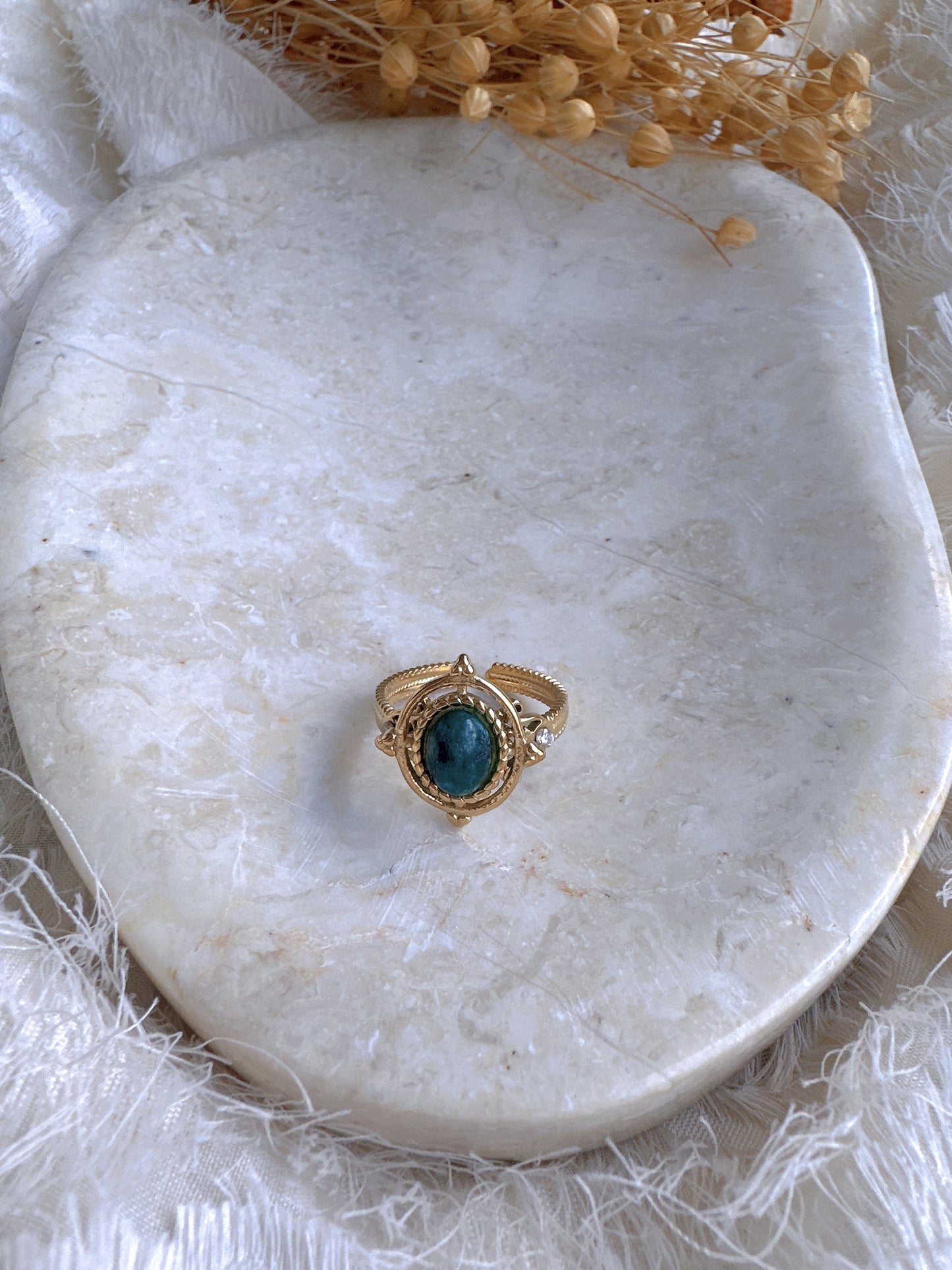 Natural green stone stainless steel adjustable ring