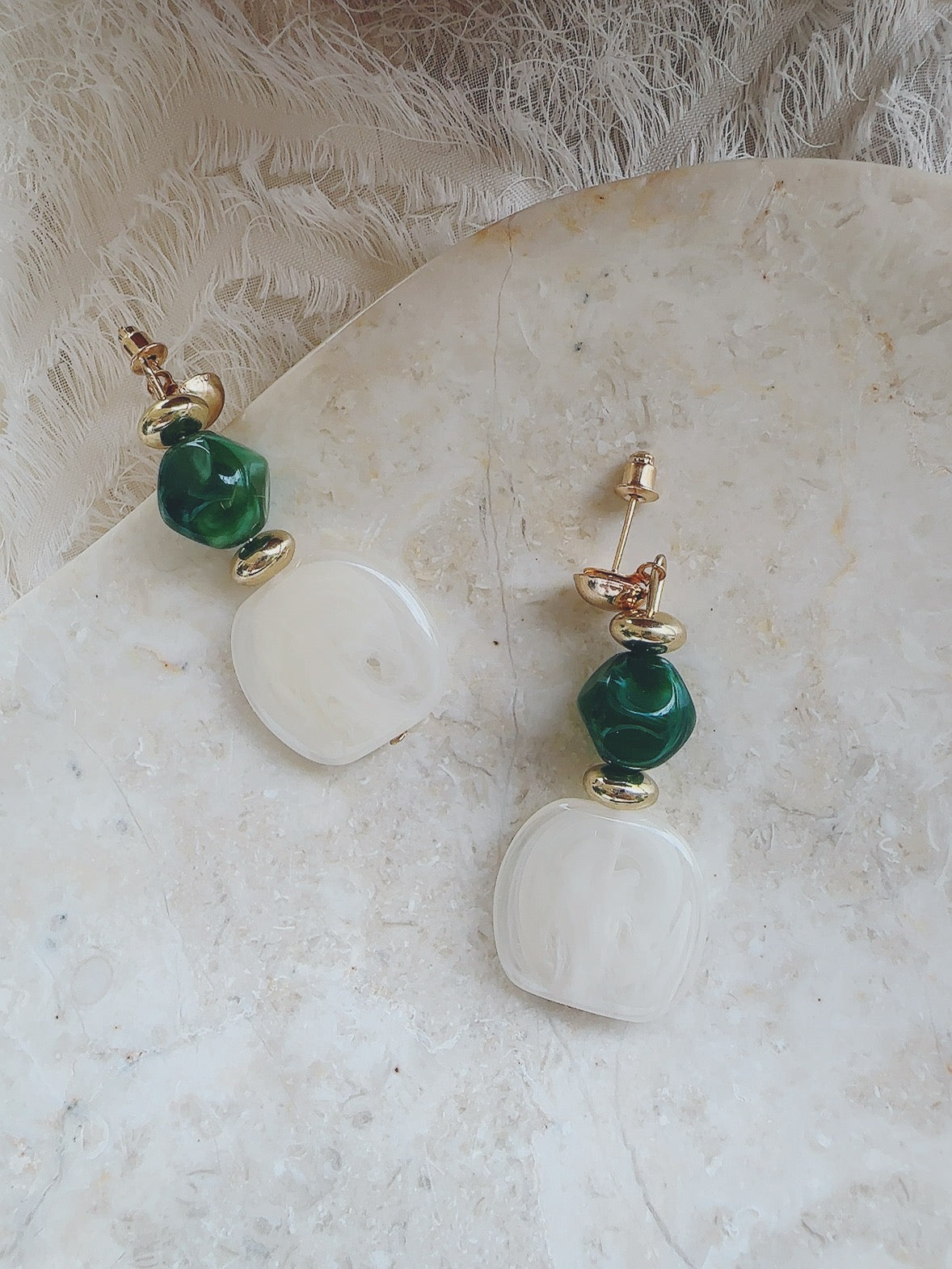 Vintage style green 925 silver posts white/ green earrings