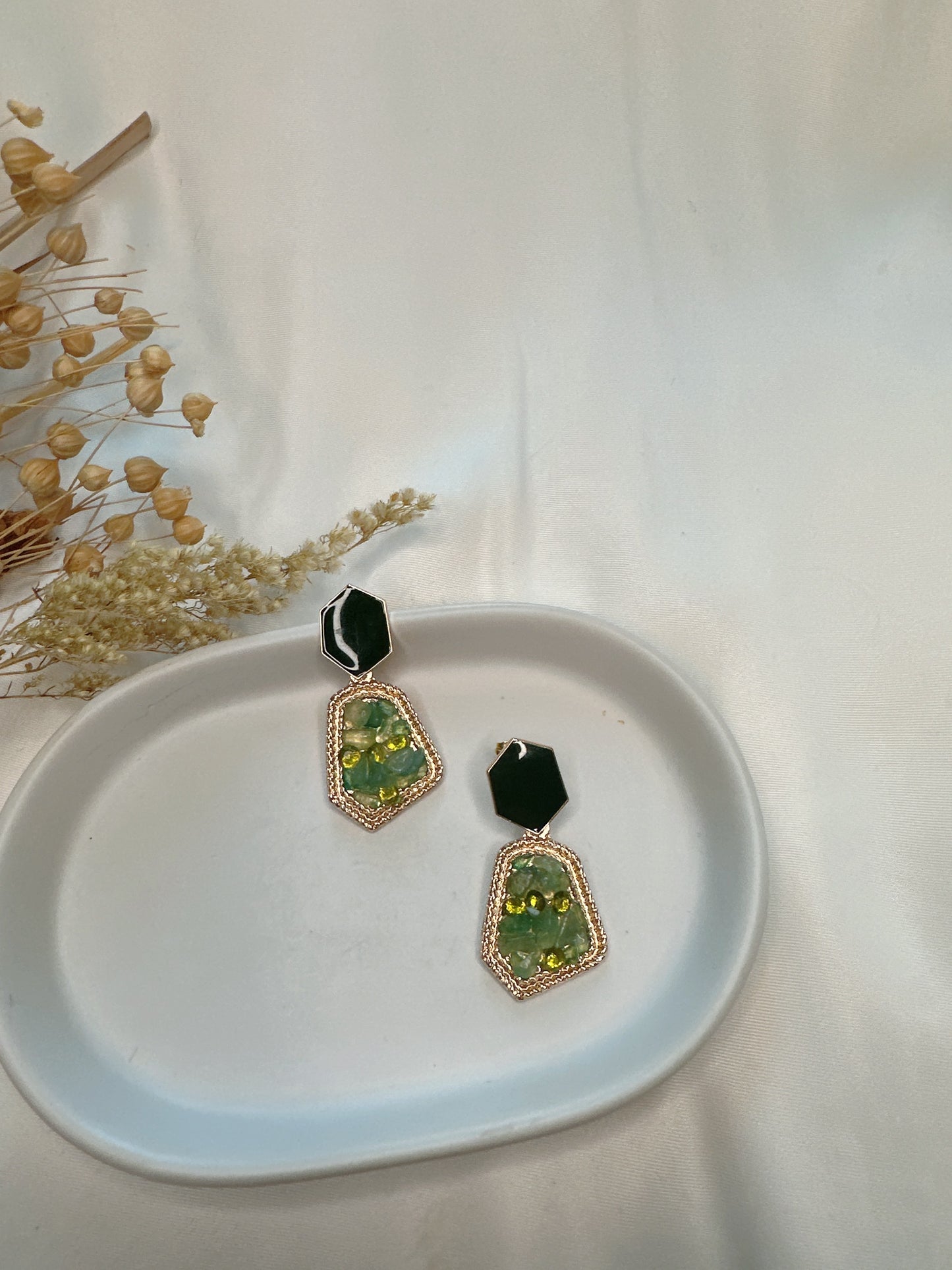 925 silver post green glass earrings
