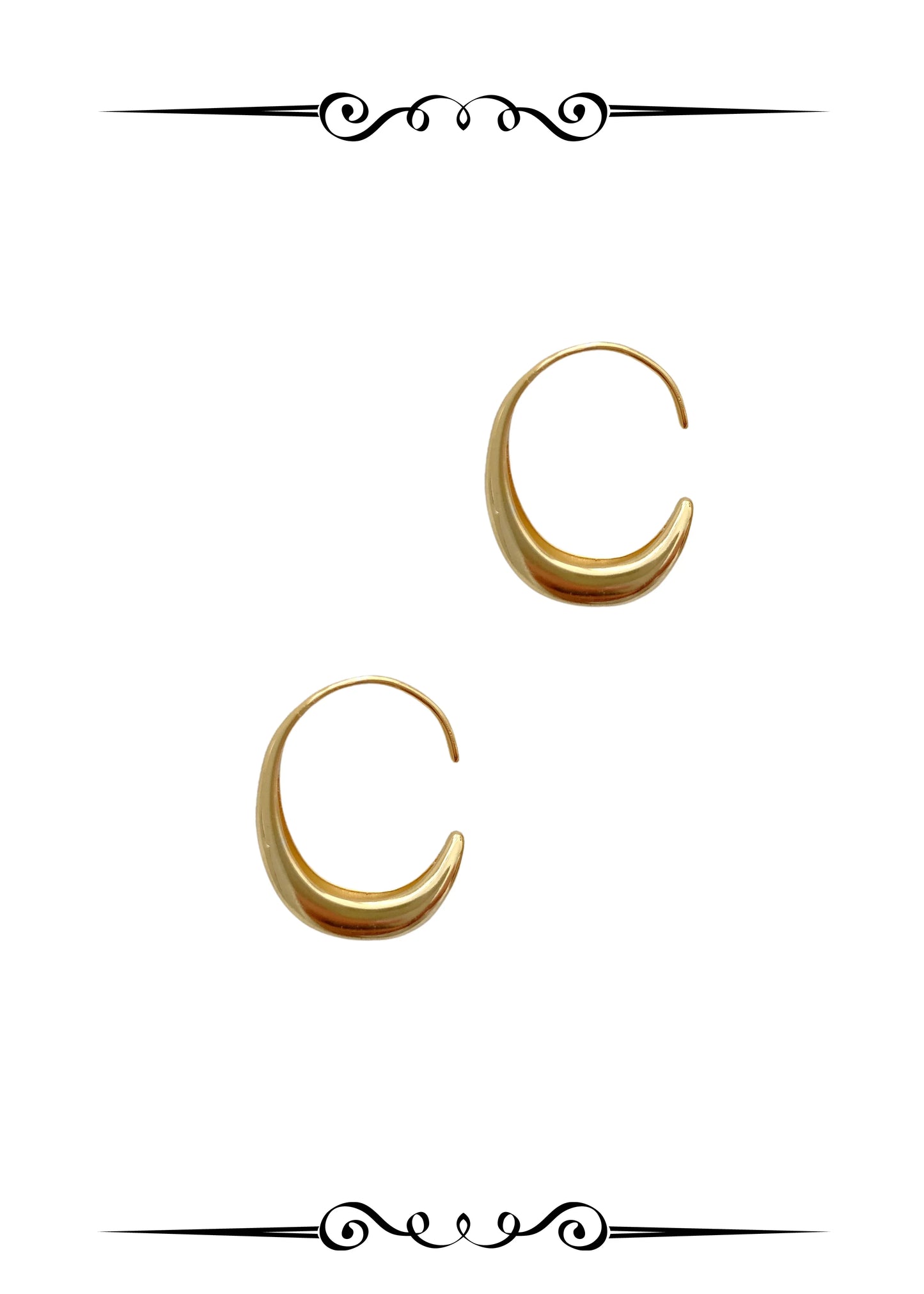 Pair of crescent-shaped hoop earrings, 18K gold plated on 925 silver, minimalist style.