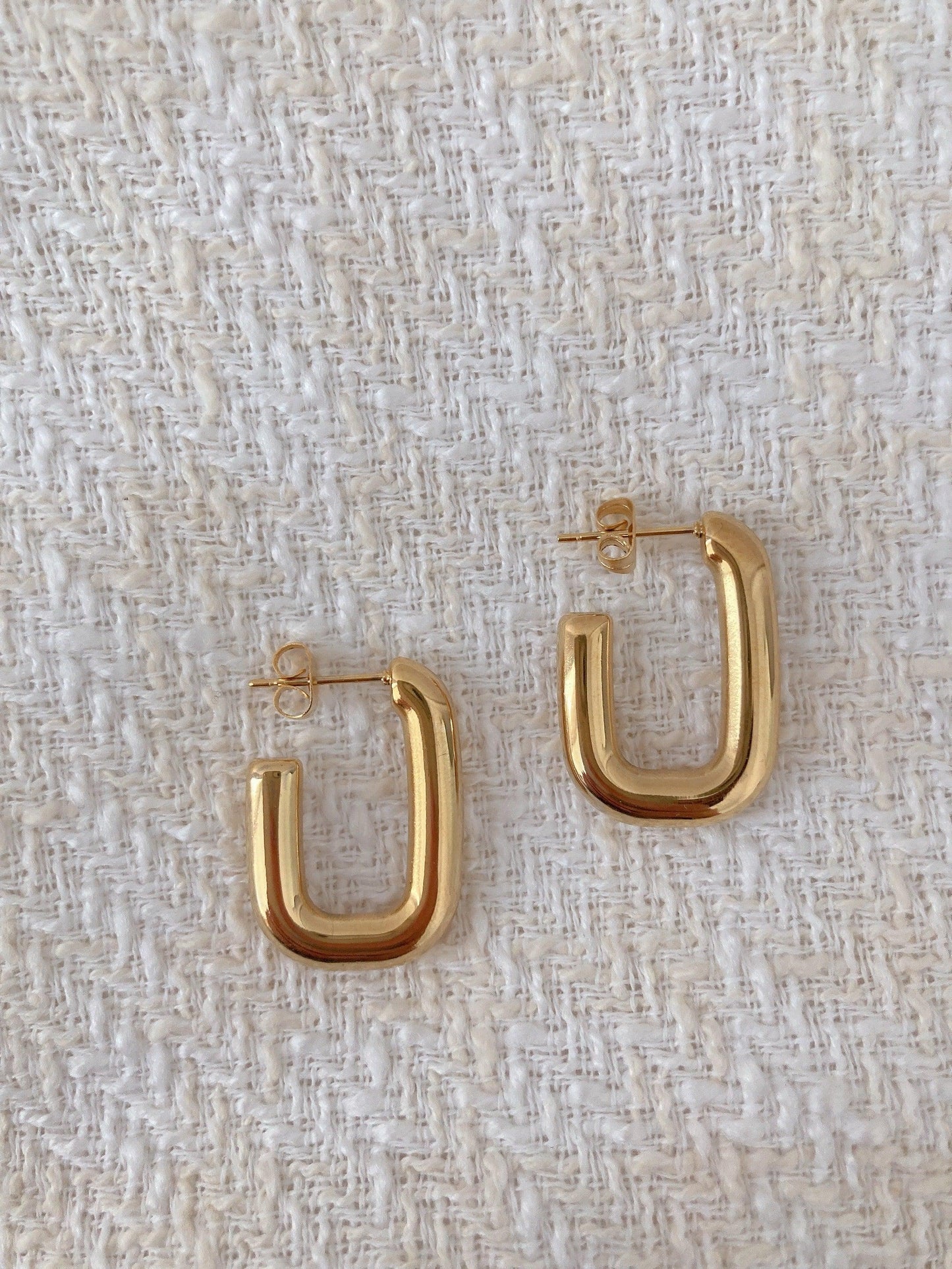 18K gold plated 925 silver chunky rectangle hoop earrings on textured fabric