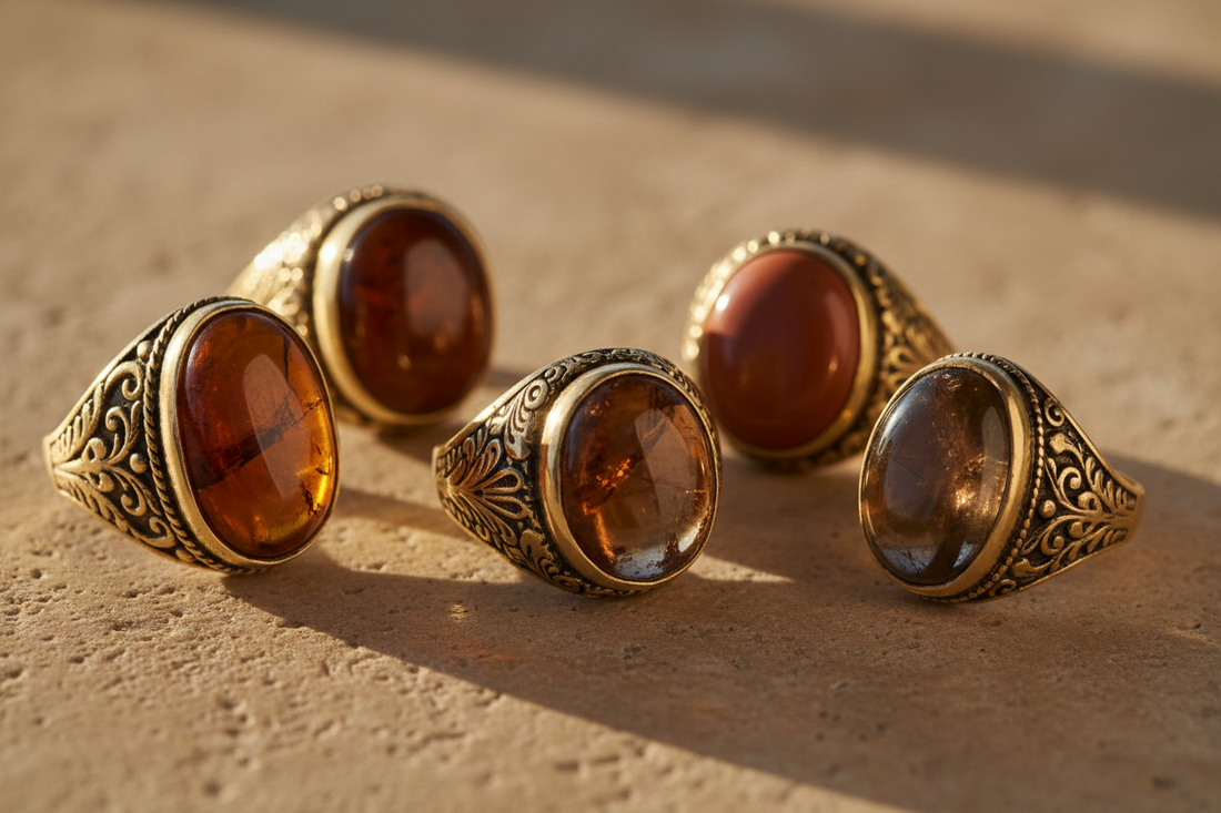 Bohemian and vintage style rings with coloured stones