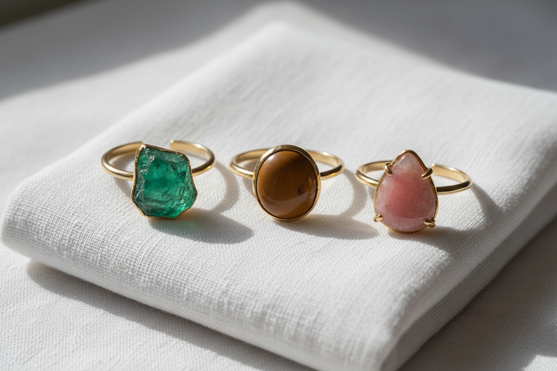 Natural stone adjustable rings in green, brown and pink