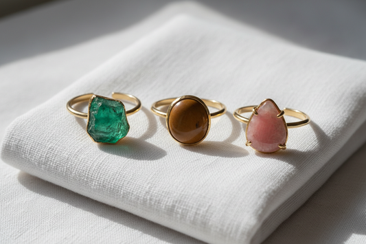 Natural stone adjustable rings in green, brown and pink