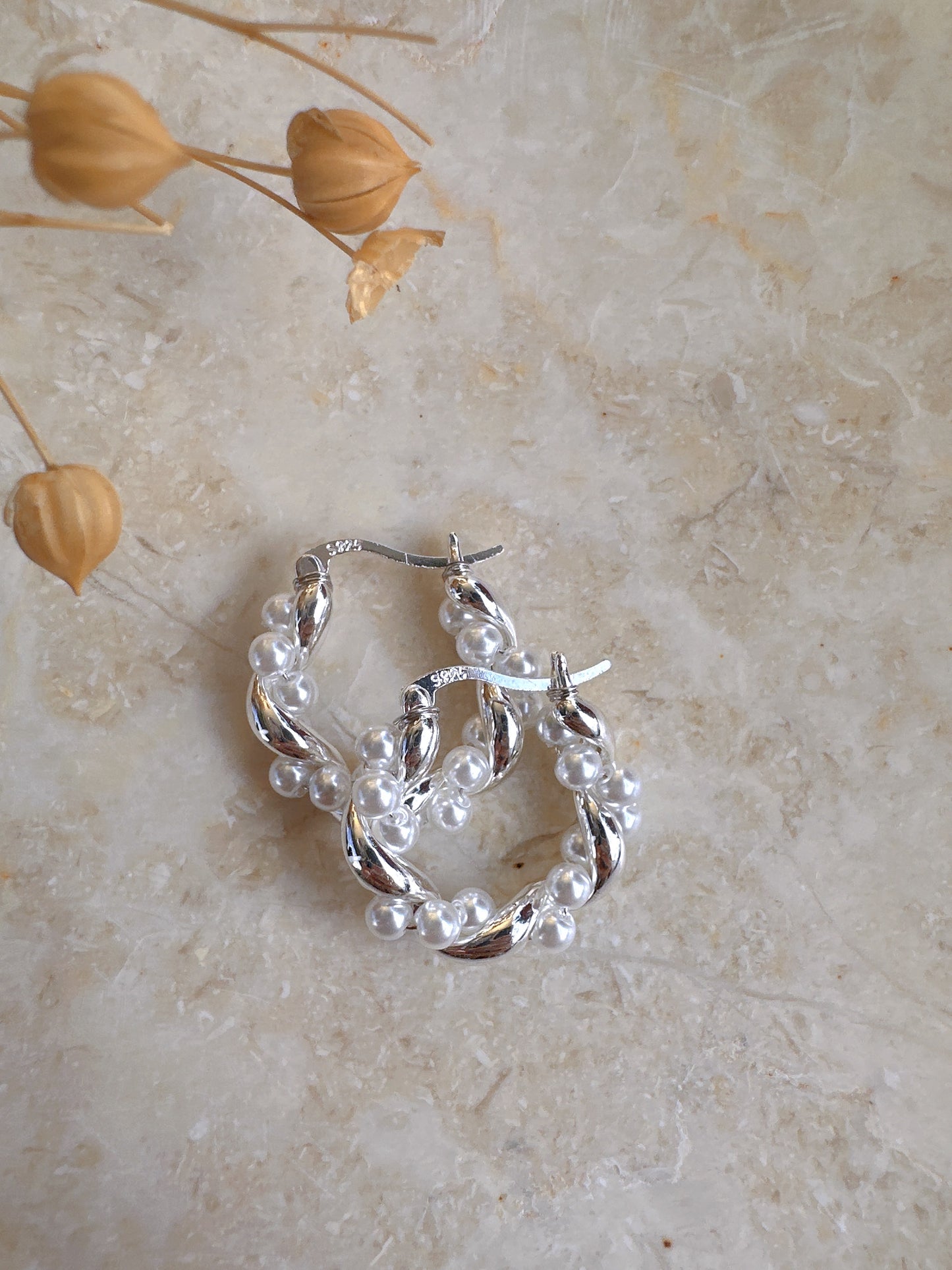 925 silver post silver color pearl hoop earrings