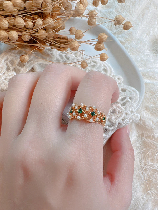 Soul Mate  & Adjustable green stone pearl ring