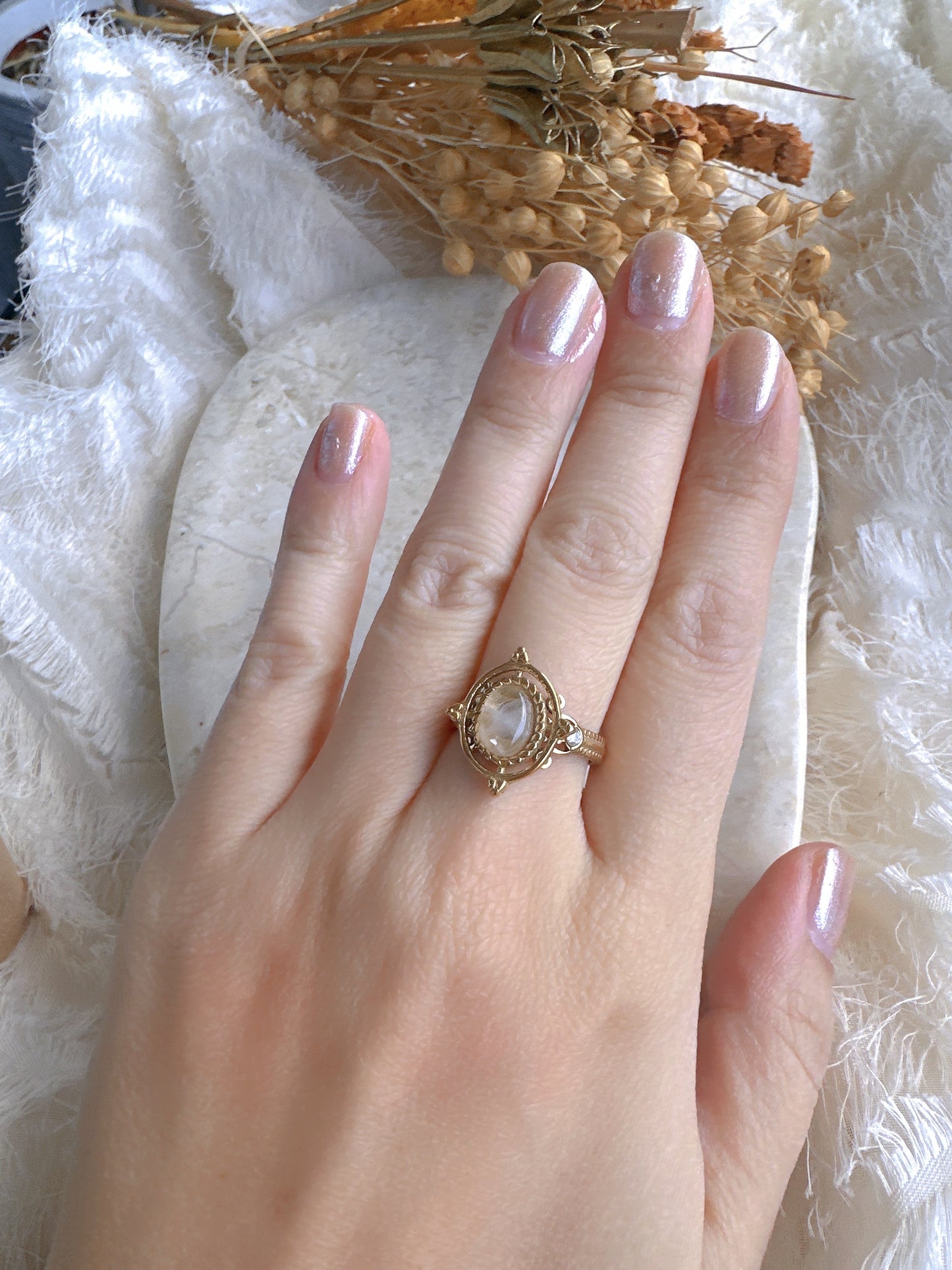 Natural white stone stainless steel adjustable ring