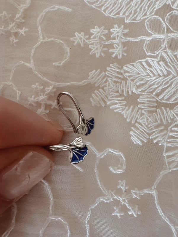 925 sterling silver mini leaves blue earrings