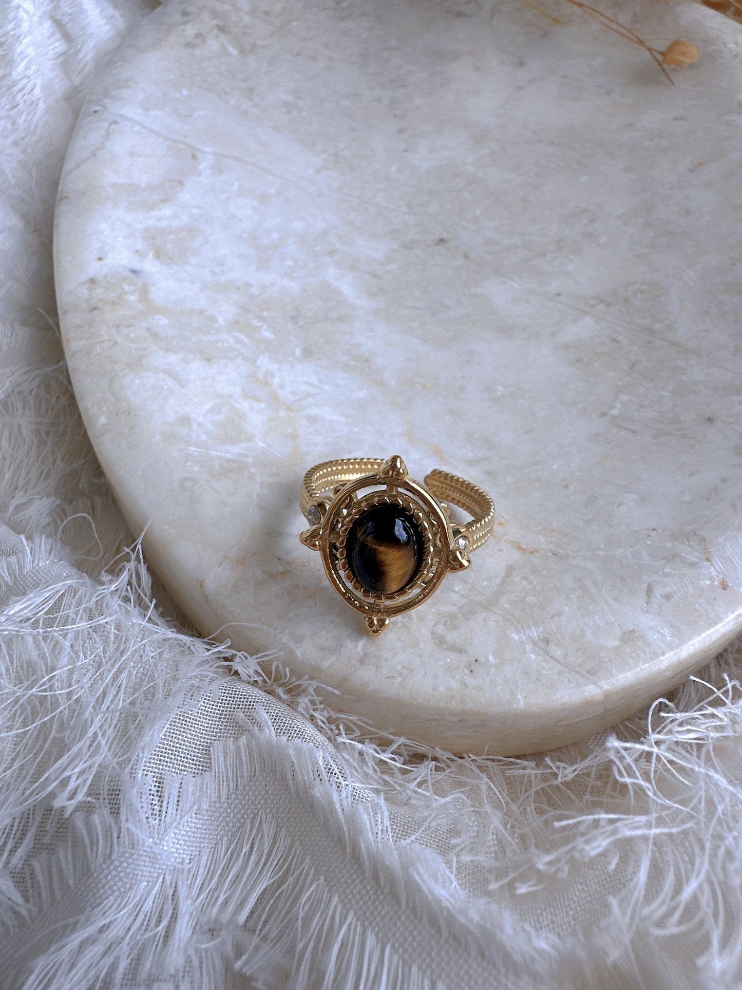 Natural brown stone stainless steel adjustable ring