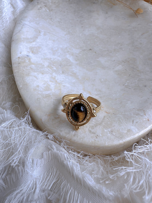 Natural brown stone stainless steel adjustable ring