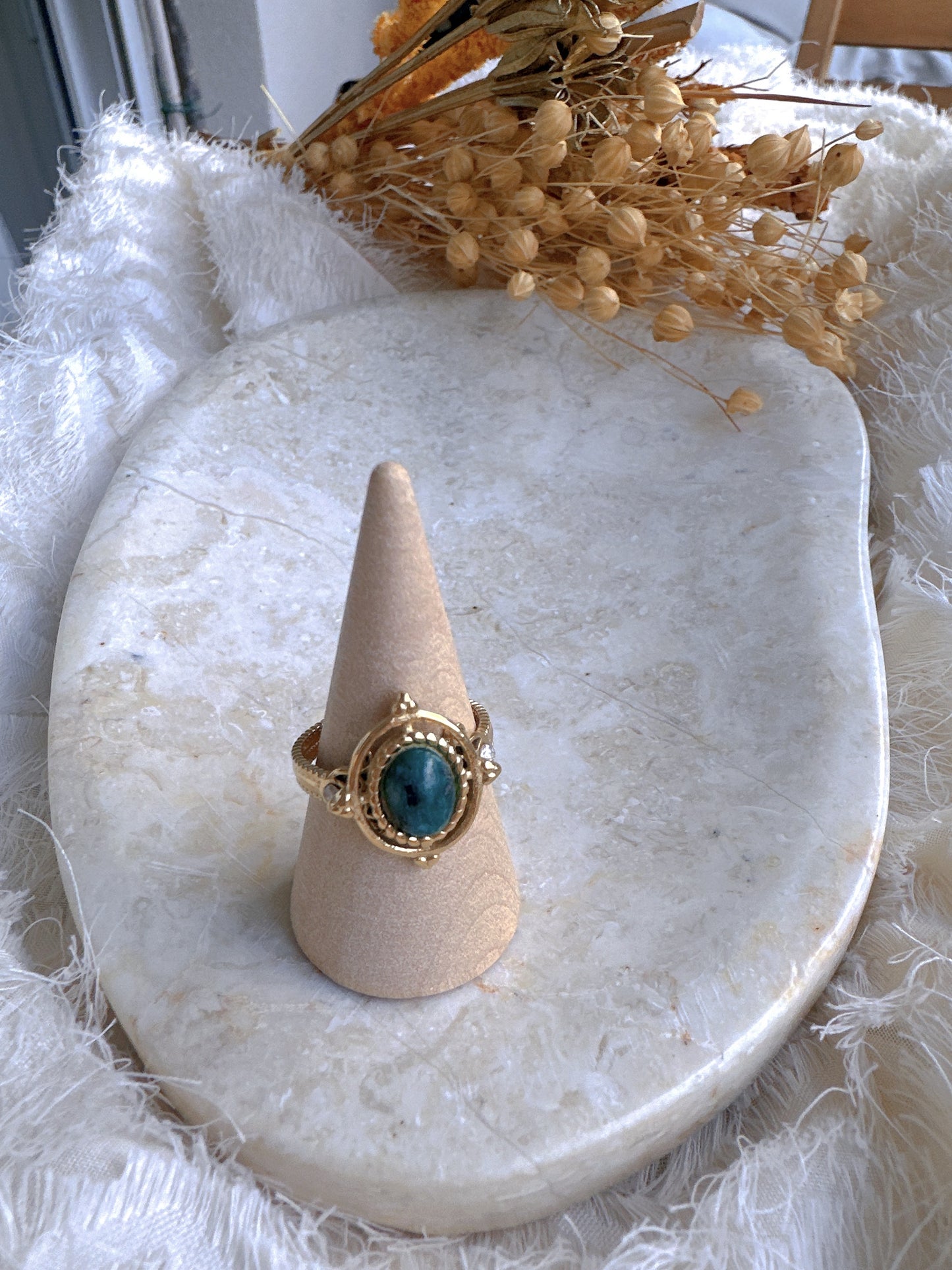 Natural green stone stainless steel adjustable ring