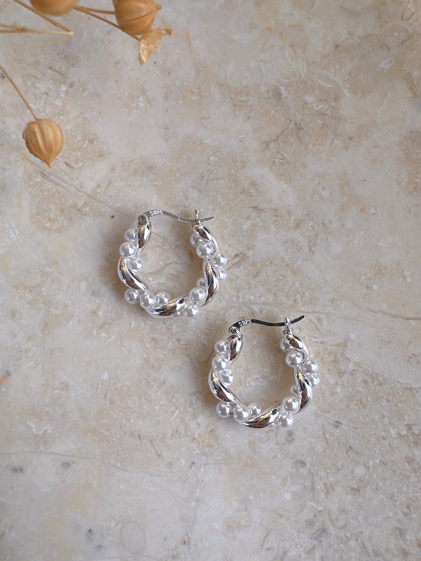 925 silver post silver color pearl hoop earrings