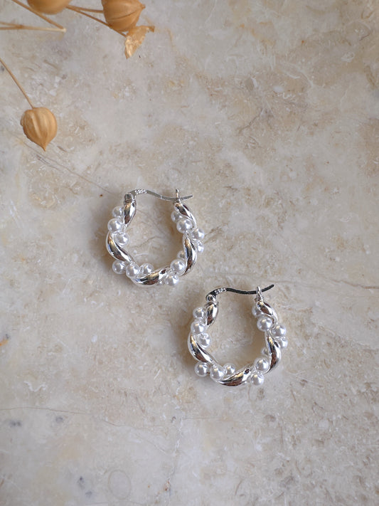 925 silver post silver color pearl hoop earrings