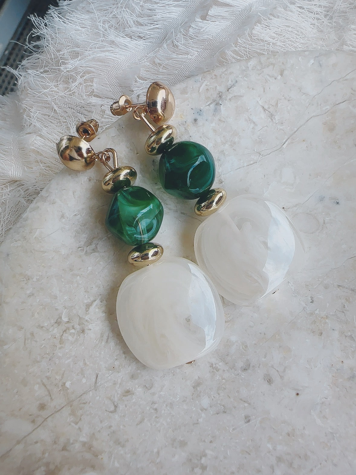Vintage style green 925 silver posts white/ green earrings