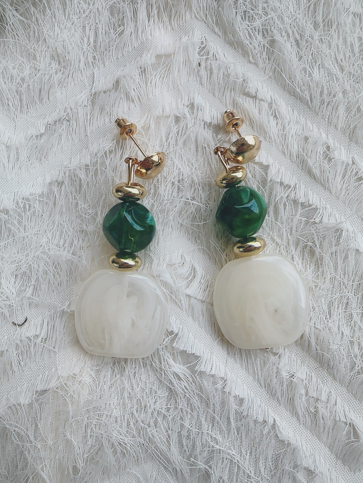 Vintage style green 925 silver posts white/ green earrings