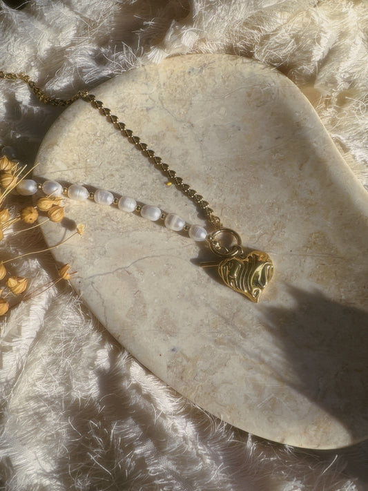 Soul Mate Pearl Heart & Water Fresh Pearl Stainless steel double layer bohemian necklace