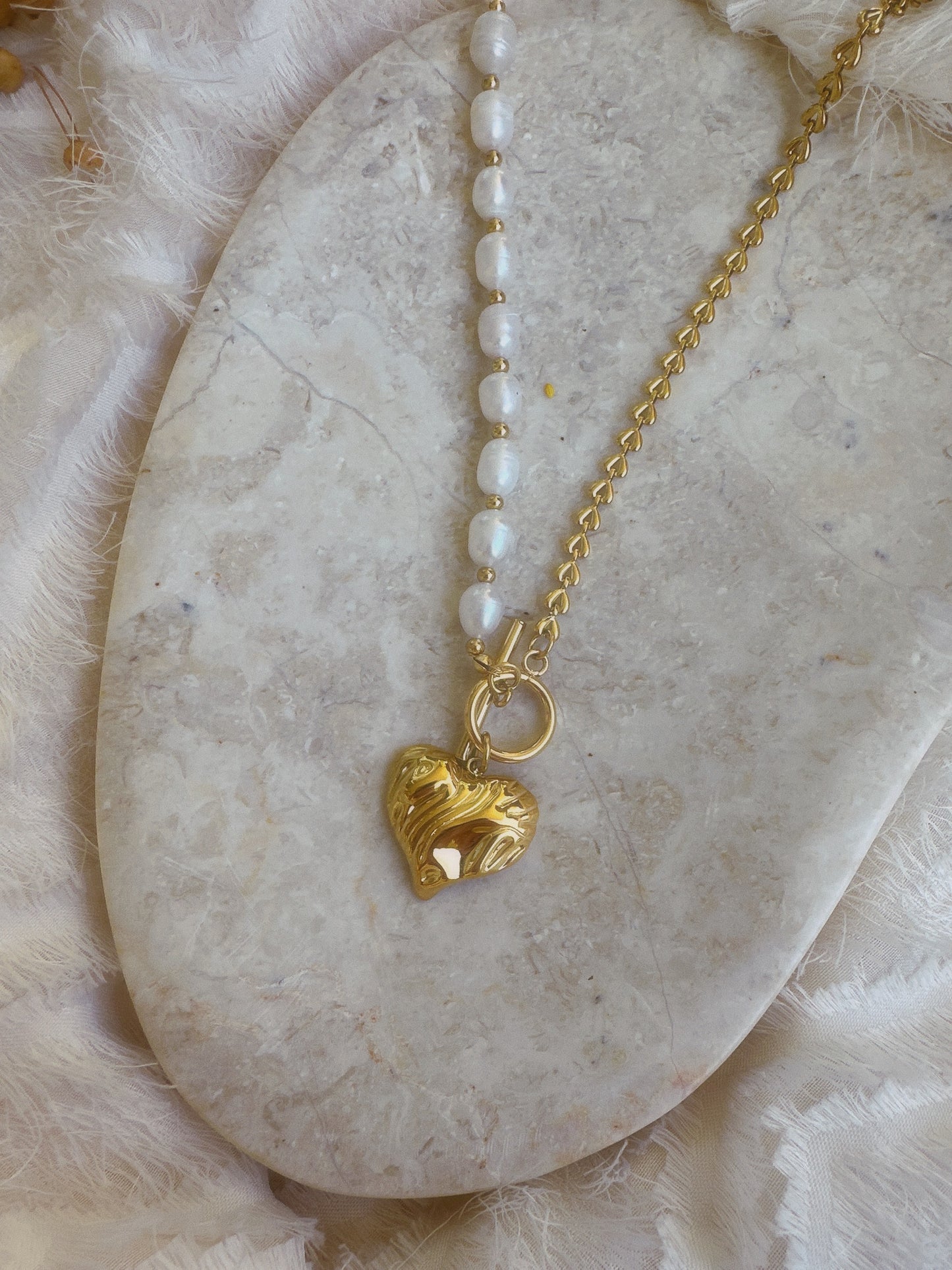 Soul Mate Pearl Heart & Water Fresh Pearl Stainless steel double layer bohemian necklace