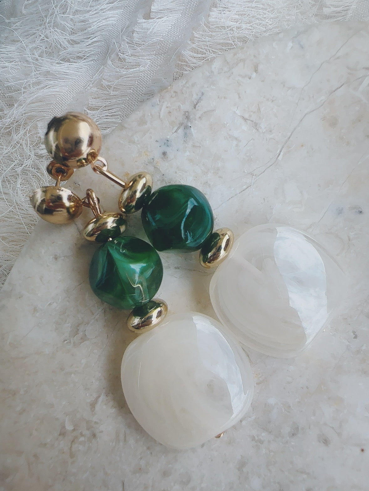 Vintage style green 925 silver posts white/ green earrings