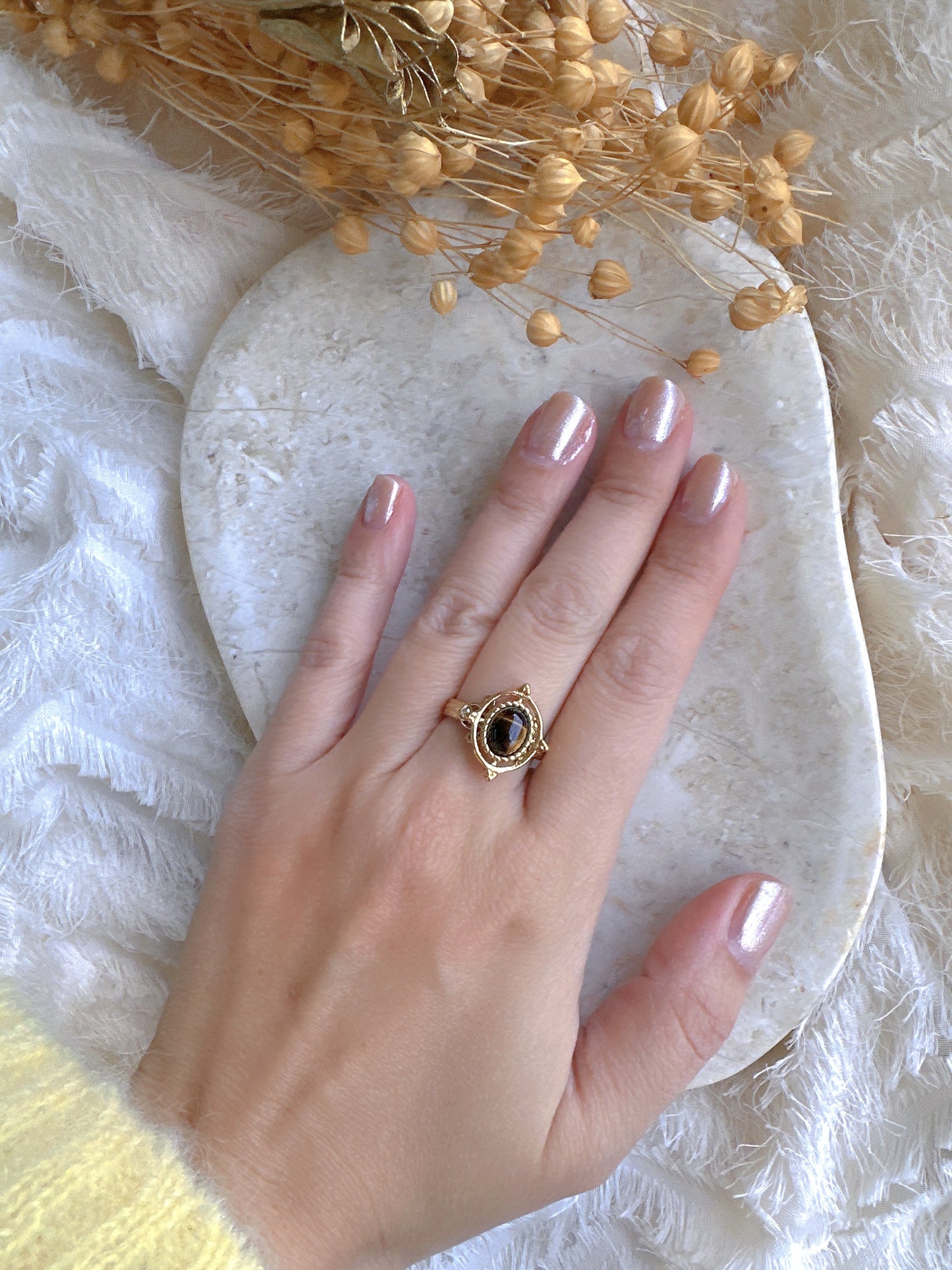 Natural brown stone stainless steel adjustable ring