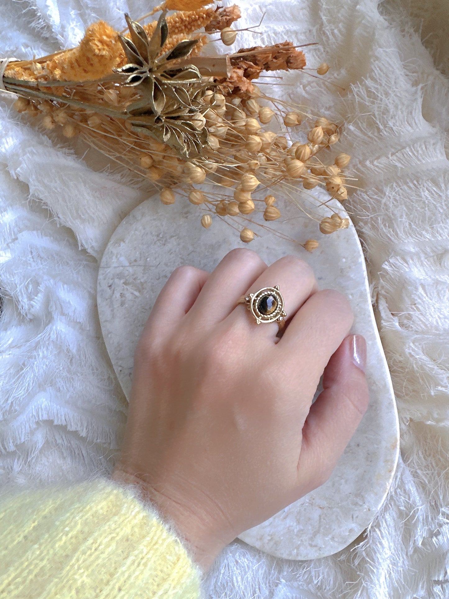 Natural brown stone stainless steel adjustable ring