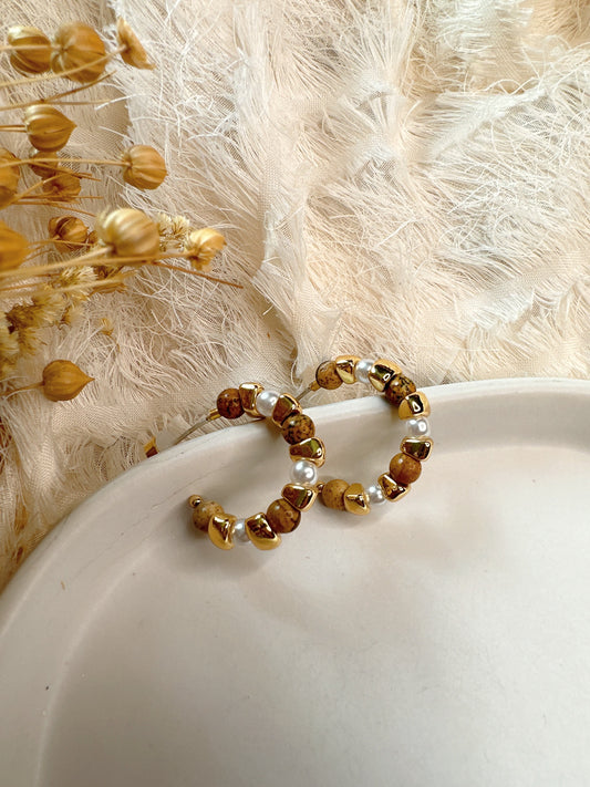 Wooden pearl hoop earrings