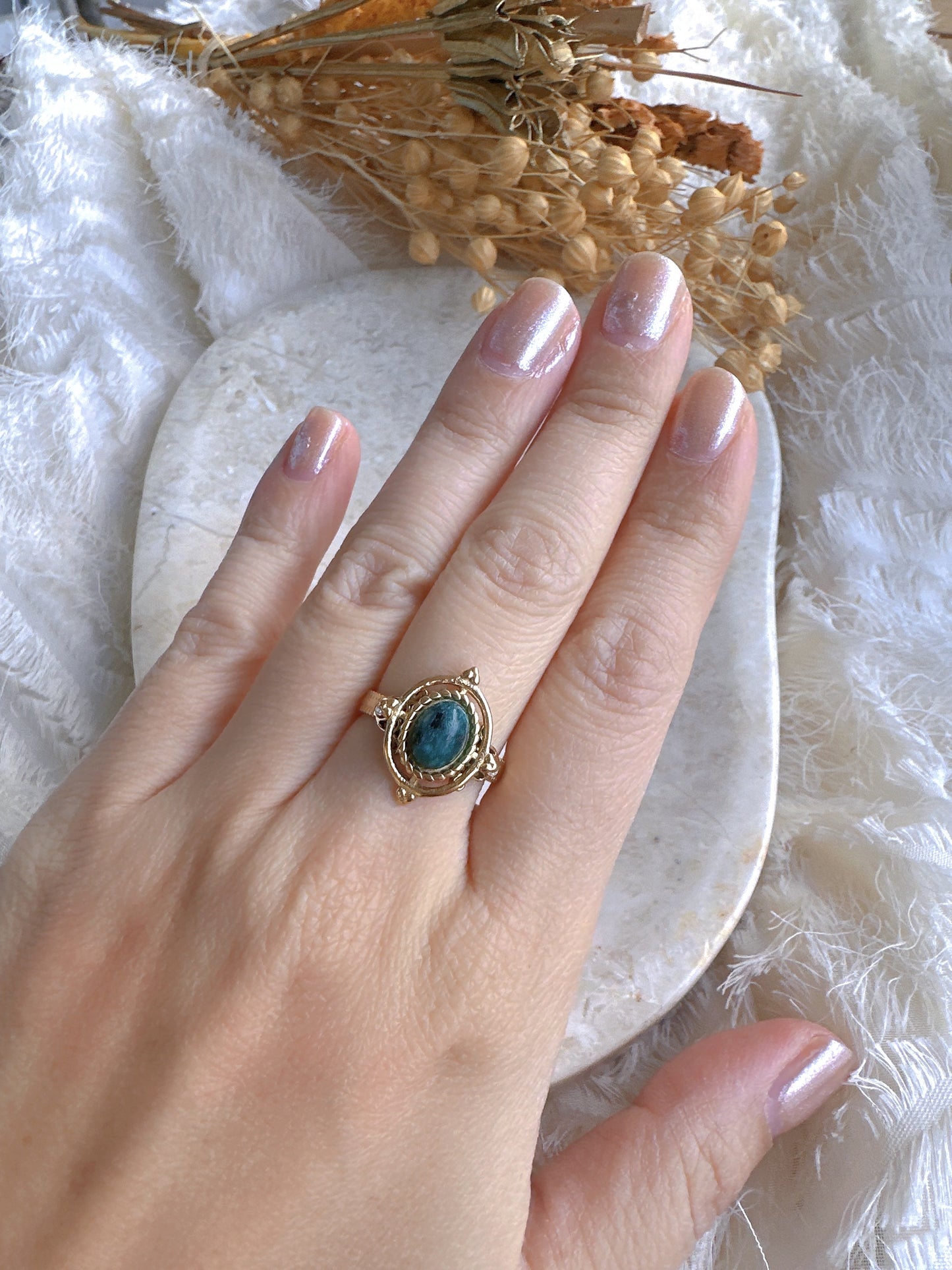 Natural green stone stainless steel adjustable ring