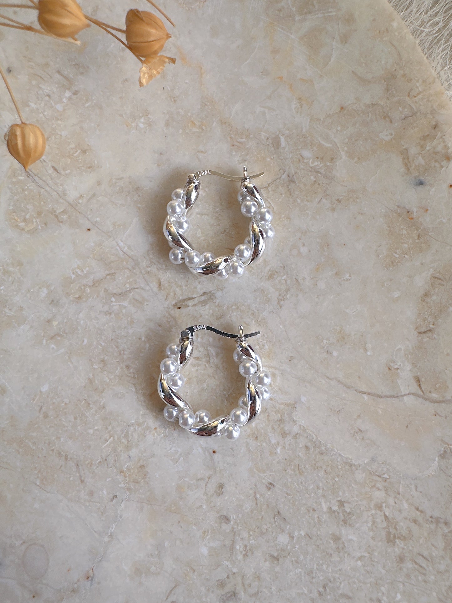 925 silver post silver color pearl hoop earrings