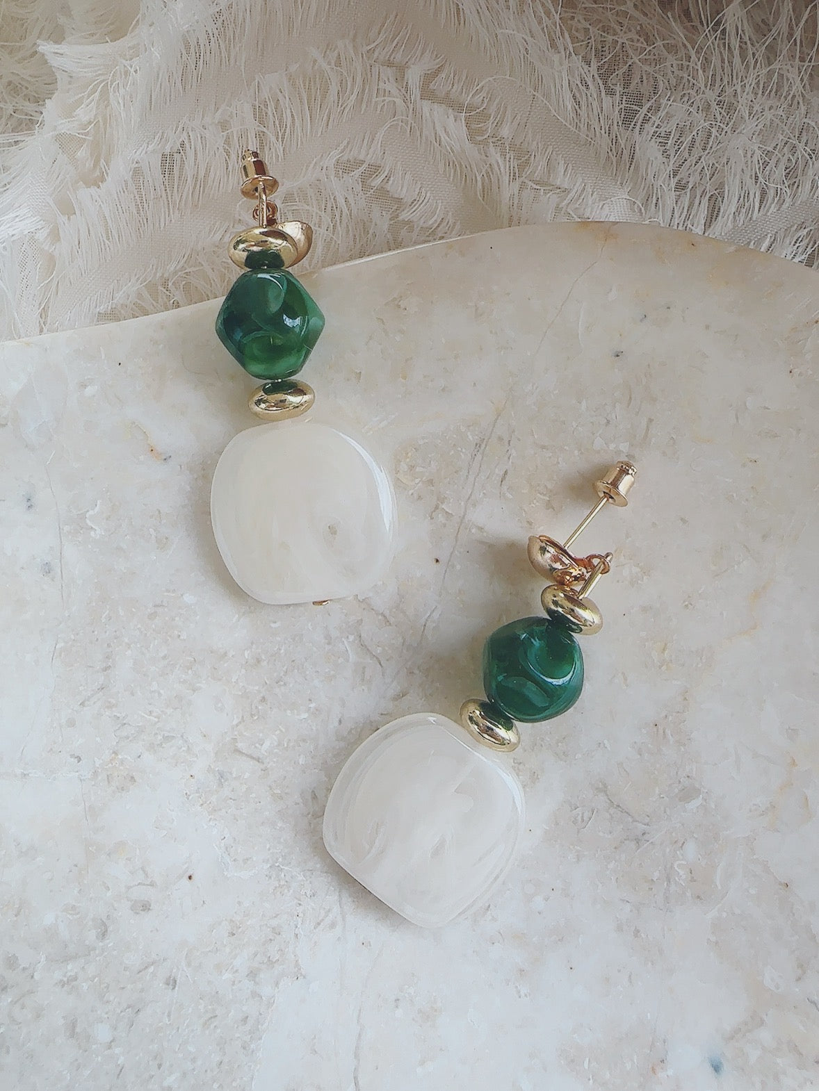 Vintage style green 925 silver posts white/ green earrings