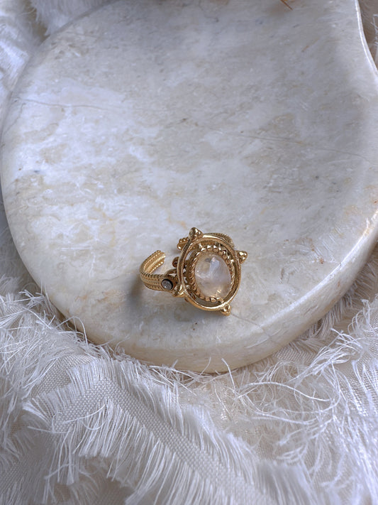 Natural white stone stainless steel adjustable ring