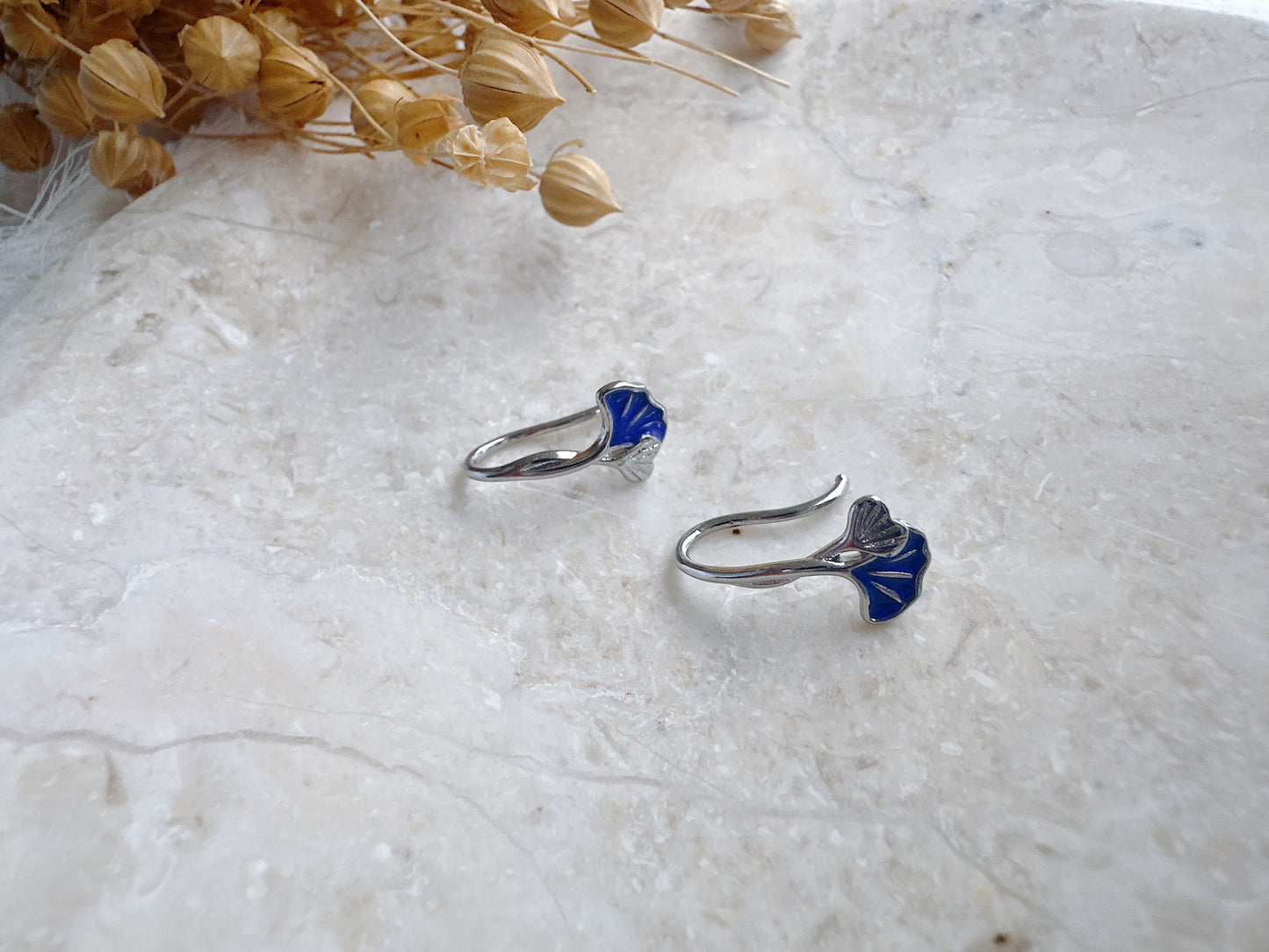 925 sterling silver mini leaves blue earrings