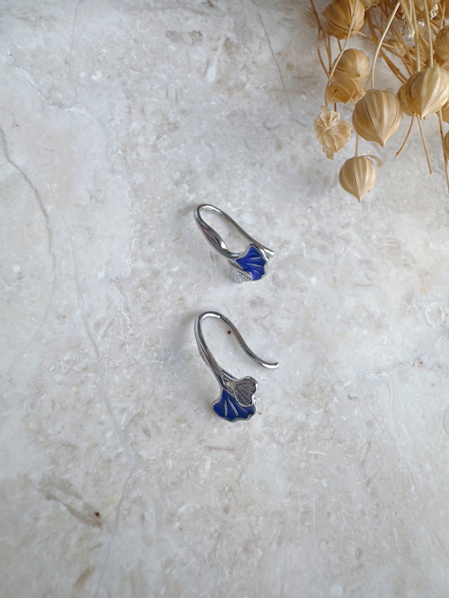 925 sterling silver mini leaves blue earrings