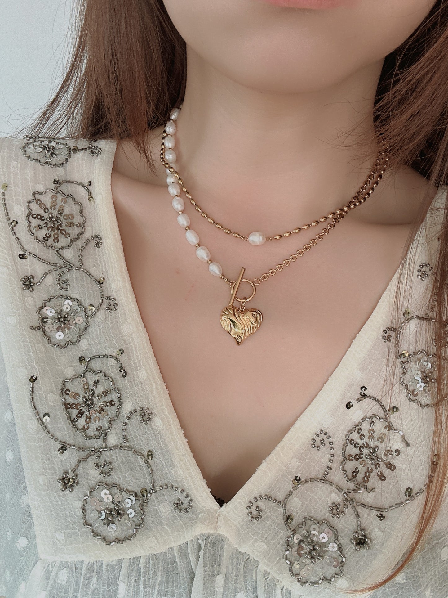 Soul Mate Pearl Heart & Water Fresh Pearl Stainless steel double layer bohemian necklace