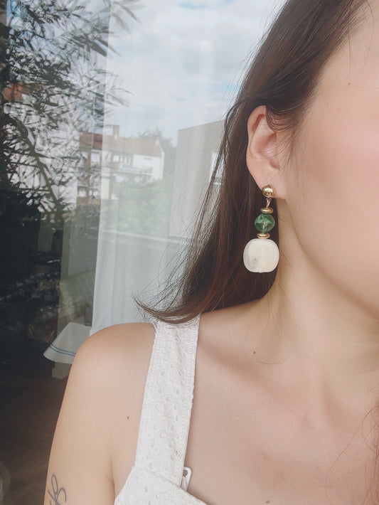 Vintage style green 925 silver posts white/ green earrings