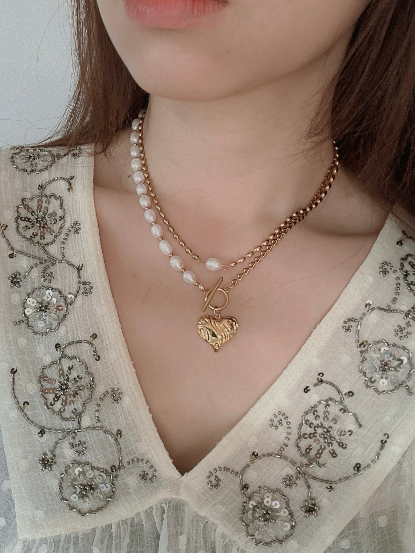 Soul Mate Ariel & Water Fresh Pearl  Stainless steel double layer bohemian necklace