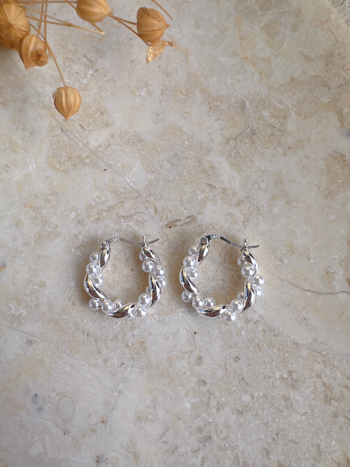 925 silver post silver color pearl hoop earrings