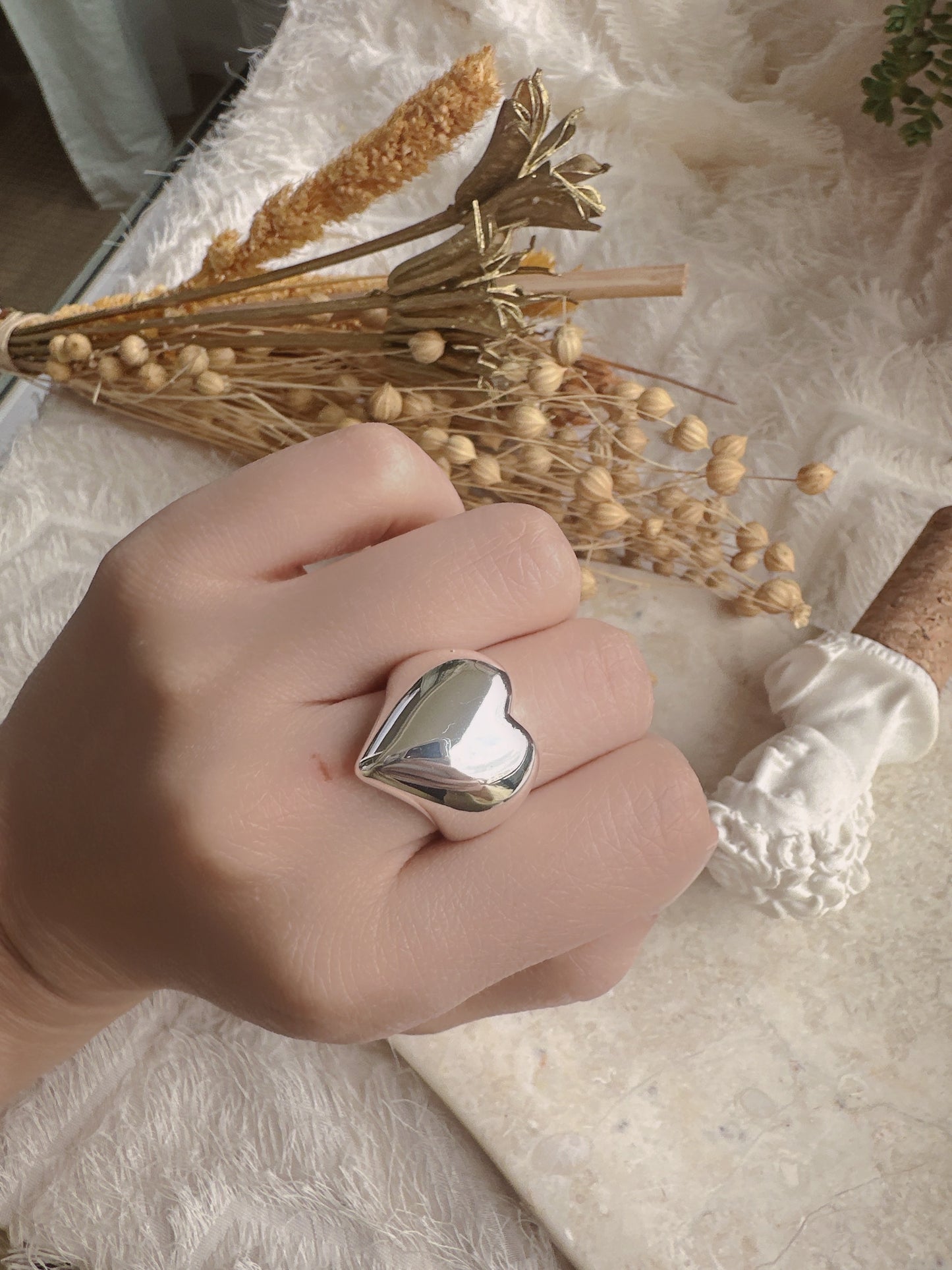 925 sterling silver heart shaped adjustable ring