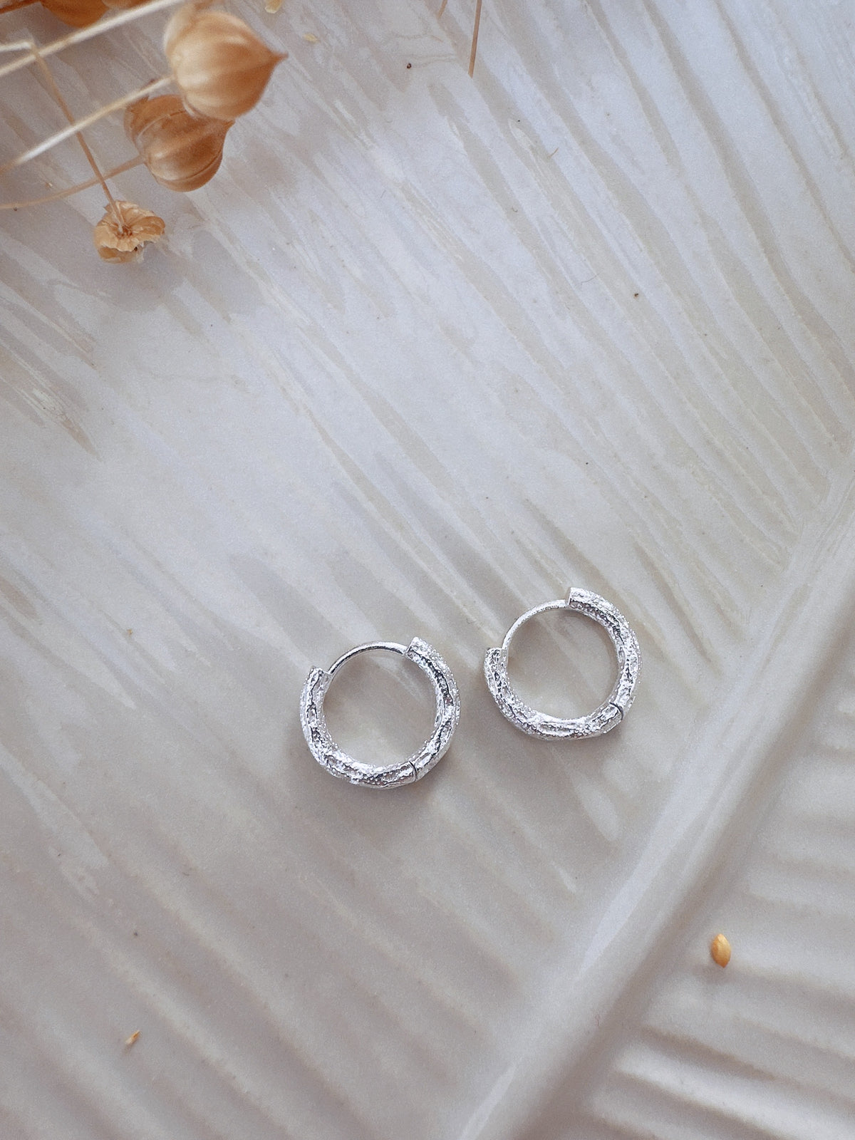 14mm Sterling Silver Textured Huggie  Hoops Unisex Earrings