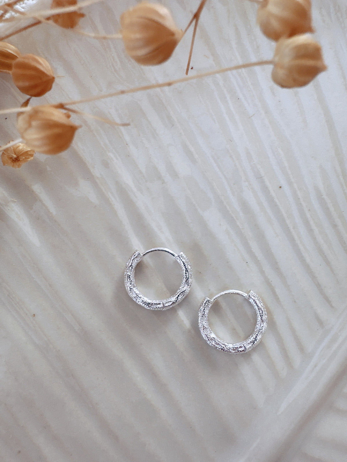 14mm Sterling Silver Textured Huggie  Hoops Unisex Earrings