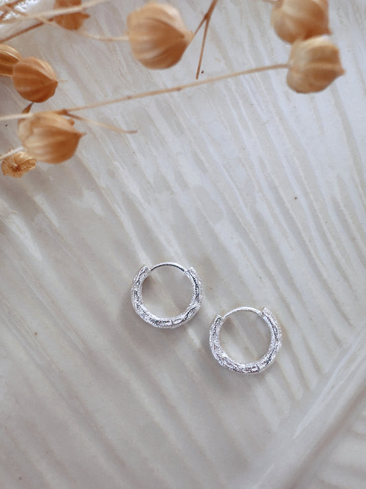 14mm Sterling Silver Textured Huggie  Hoops Unisex Earrings