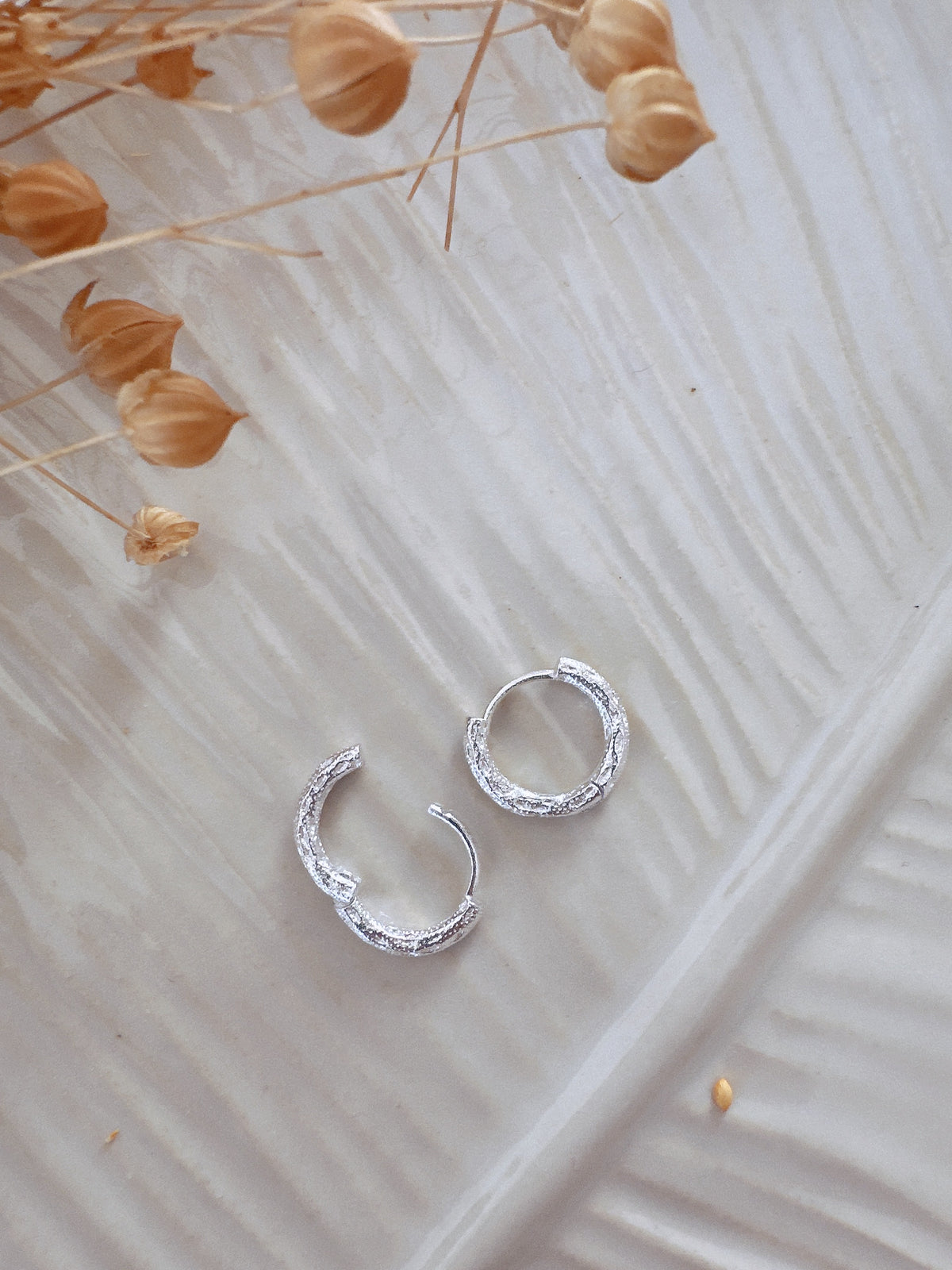 14mm Sterling Silver Textured Huggie  Hoops Unisex Earrings